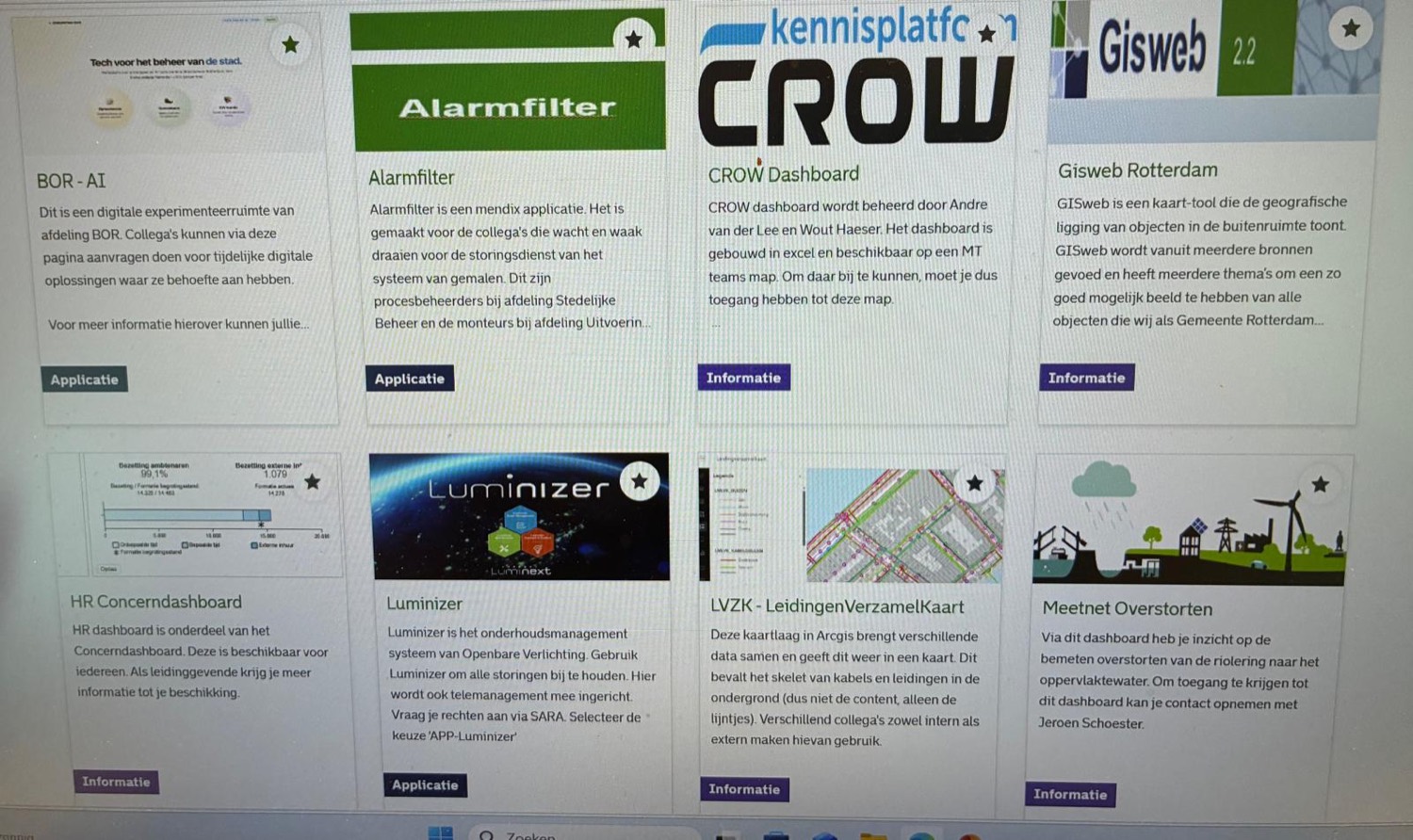 Screenshot van de DAPO-homepage met tegels als BOR-AI, Alarmfilter, CROW Dashboard en Gisweb